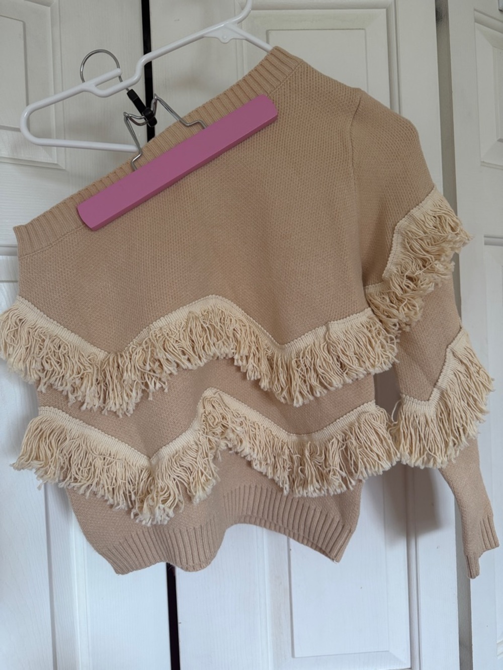 Pink Lily Beige Fringe Chevron Off-the-Shoulder Sweater
